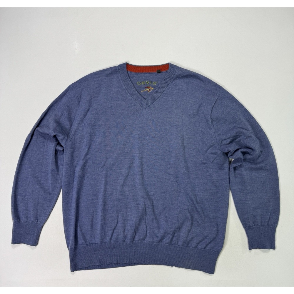 Orvis Men's XL Merino Wool V-Neck Sweater Blue Outdoor Classic Cuff Cabin